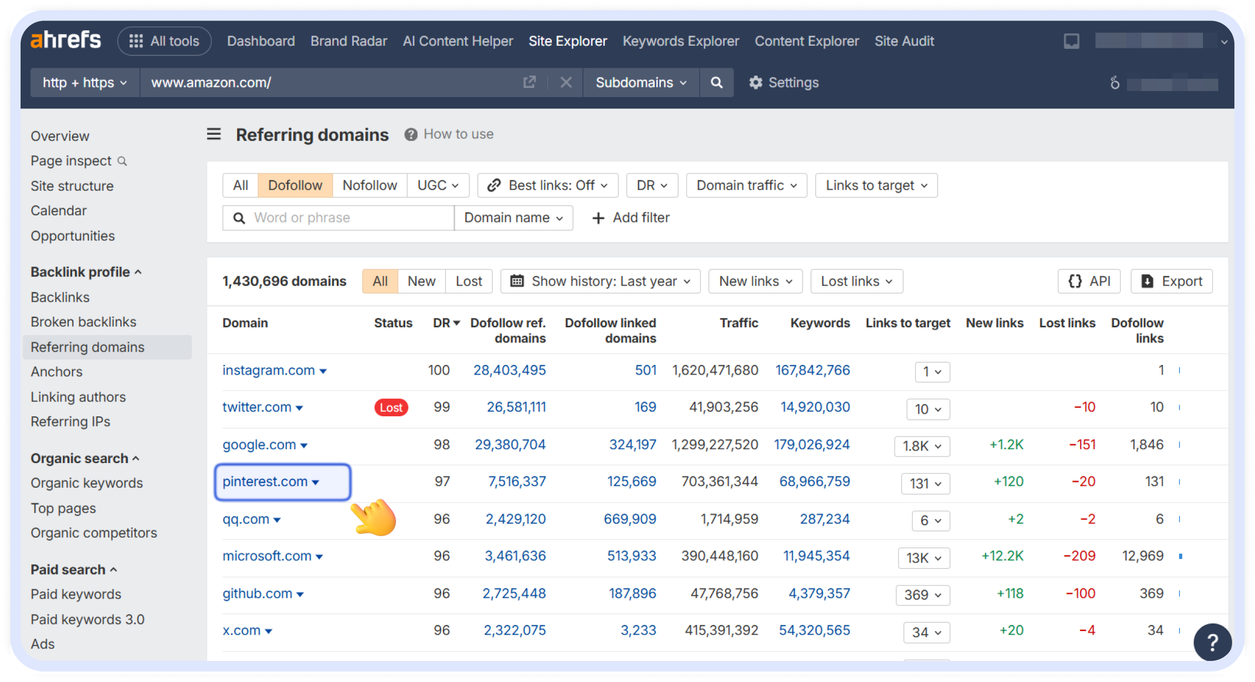 Collaborator's screenshot showing Ahrefs dashboard with Amazon.com referring domains analysis, including top sources with their domain ratings, referring domains count, and traffic statistics